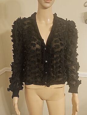 Zara Black Textured Floral Appliqué Sheer Button-Up Top